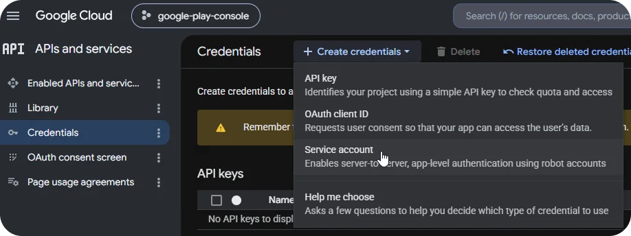 Create a new service account in Google Cloud Project