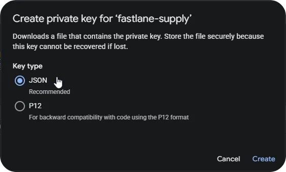 Create new private key for the service account and download it to your machine